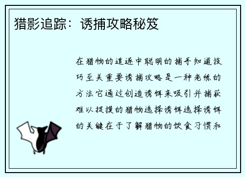 猎影追踪：诱捕攻略秘笈